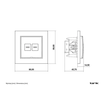 Schemat techniczny ładowarki podwójnej USB typu C+C 30W Karlik MINI z podanymi wymiarami: 80x80 mm, głębokość 45,70 mm, wysokość 14,50 mm.