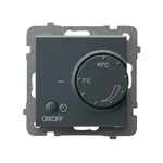 Szary regulator temperatury Ospel Sonata RTP-1R/m/73 z pokrętłem regulacji od 5°C do 40°C i przyciskiem ON/OFF.