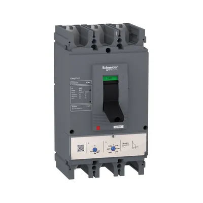 Wyłącznik mocy Schneider Electric EasyPact CVS630F, 3-biegunowy, 600A, 36kA, z dźwignią ON/OFF i oznaczeniami technicznymi.
