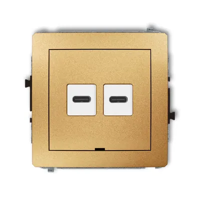 Złota ładowarka podwójna USB typu C+C 30W Karlik DECO z dwoma portami USB-C, idealna do nowoczesnych wnętrz.