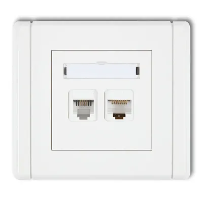 Białe gniazdo komputerowo-telefoniczne Karlik FLEXI FGTK z portami RJ11 i RJ45, kategoria 5e.