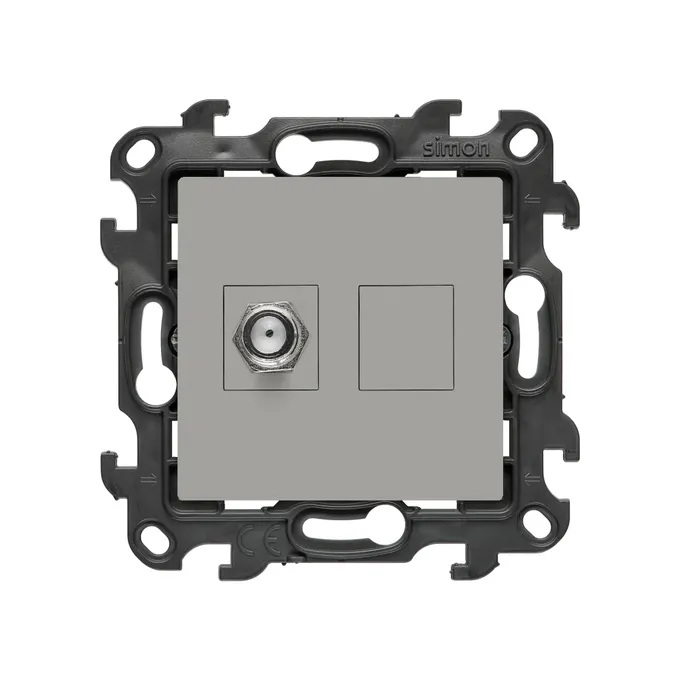 Gniazdo antenowe typu F pojedyncze Kaszmirowy Simon 24 - NASF1.01/42 z metalowym złączem i pustym polem na drugim module.