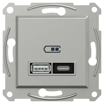 Ładowarka podwójna USB typu A+C 21W PD Aluminium Schneider Asfora z symbolem baterii.