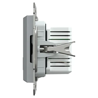 Ładowarka podwójna USB typu A+C 21W PD Stal Schneider Asfora EPH2700562 - widok z boku na mechanizm mocowania i porty.