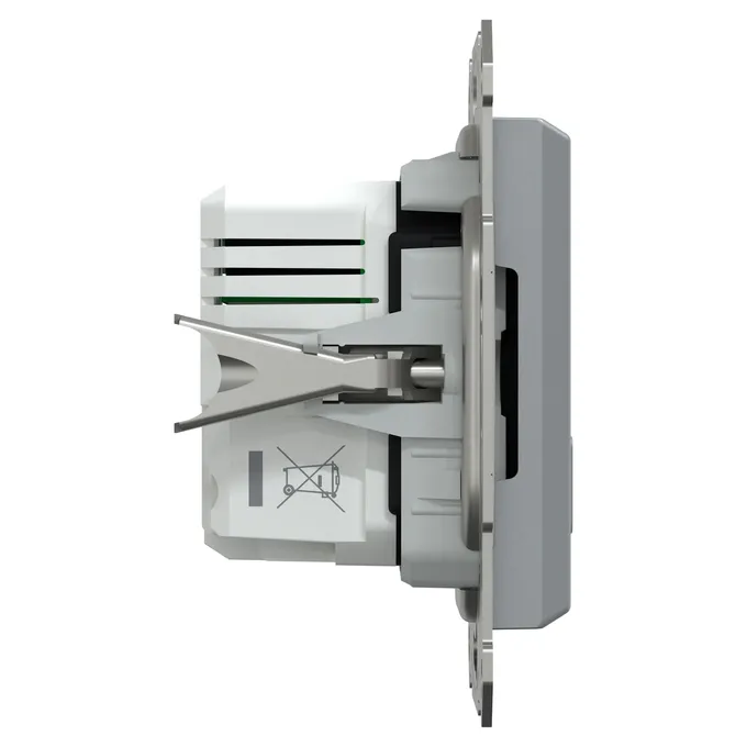Ładowarka podwójna USB typu A+C 21W PD Stal Schneider Asfora EPH2700562 - widok z boku na mechanizm montażowy i obudowę.