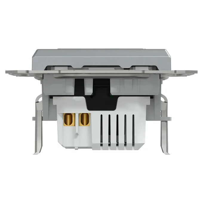Ładowarka podwójna USB typu A+C 21W PD Stal Schneider Asfora EPH2700562 - widok z tyłu z elementami montażowymi.