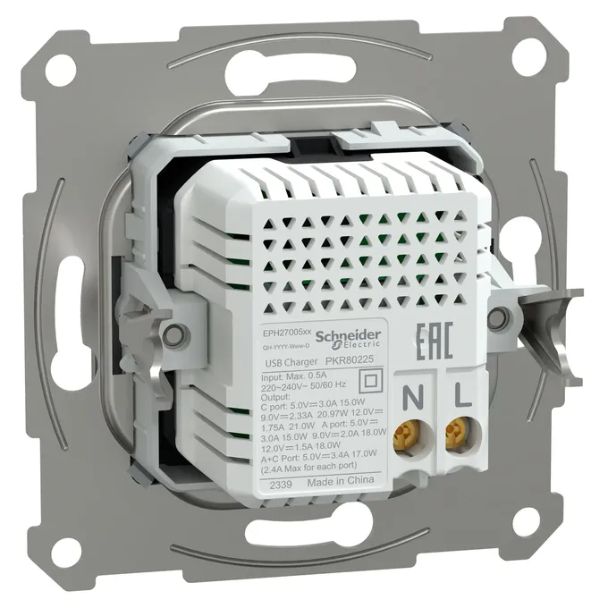 Ładowarka podwójna USB typu A+C 21W PD Stal Schneider Asfora EPH2700562 - widok z tyłu z oznaczeniami technicznymi.