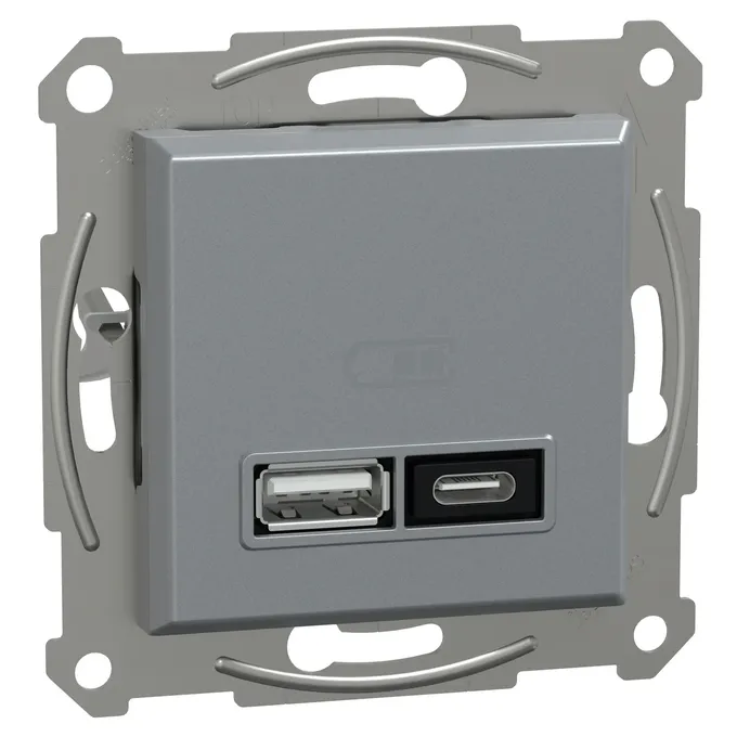 Ładowarka podwójna USB typu A+C 21W PD Stal Schneider Asfora EPH2700562 z portem USB-A i USB-C.