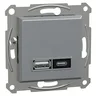 Ładowarka podwójna USB typu A+C 21W PD Stal Schneider Asfora EPH2700562 z portem USB-A i USB-C.