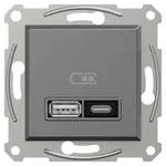 Ładowarka podwójna USB typu A i C 21W PD Schneider Asfora w kolorze antracytowym z symbolem baterii.