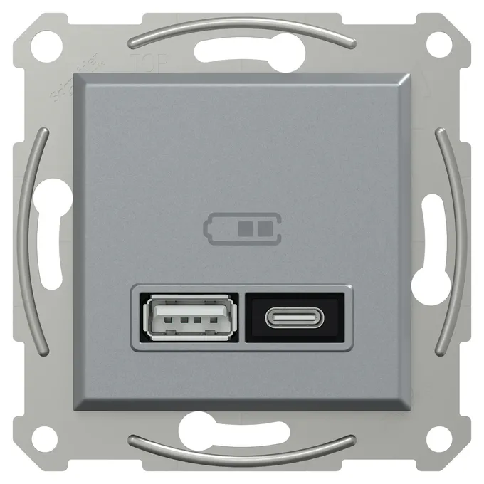 Ładowarka podwójna USB typu A i C 21W PD Stal Schneider Asfora EPH2700562 z ikoną baterii