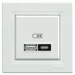Podwójna ładowarka USB typu A i C 21W PD z ramką Schneider Asfora w kolorze białym, z symbolem baterii.