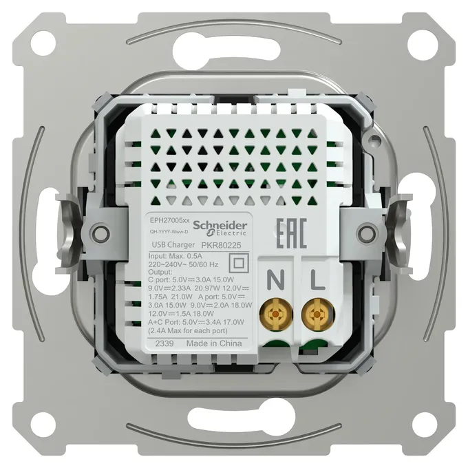 Schneider Electric Asfora EPH2700562 - tylna część podwójnej ładowarki USB typu A+C 21W PD z oznaczeniami wejścia i wyjścia.