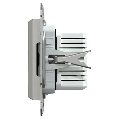 Widok z boku ładowarki podwójnej USB typu A+C 21W PD Aluminium Schneider Asfora EPH2700561 z widocznymi elementami montażowymi i wewnętrznymi.