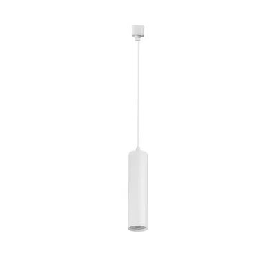Biała lampa wisząca szynowa Kanlux ATL 1F PEND22 GU10 z okrągłym kloszem na białym tle.