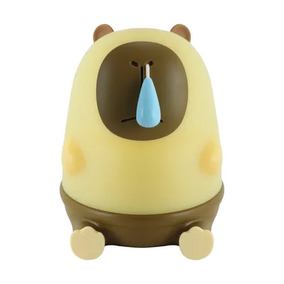Brązowo-żółta lampka stołowa LED CAPYBARA w kształcie zwierzątka, z niebieską kropelką jako elementem ozdobnym.