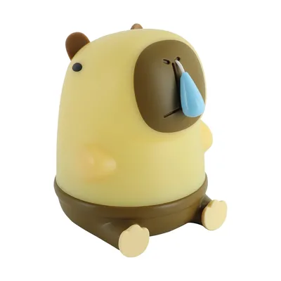 Brązowo-żółta lampka stołowa LED CAPYBARA w kształcie zwierzątka, z niebieską kroplą pod nosem.