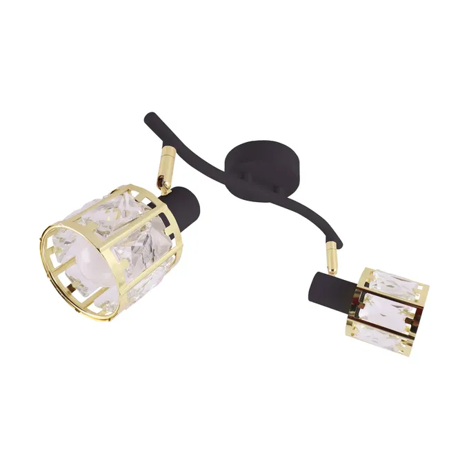 Czarna lampa ścienno-sufitowa DUNBAR E14 2I z dwoma kloszami ozdobionymi złotymi elementami i kryształkami.