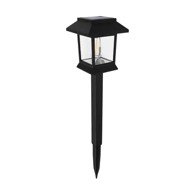 Czarna lampa solarna LED PARK LED 0,04W WW 2lm 3000K IP-44 z panelem słonecznym na górze i szpicem do wbijania w ziemię.