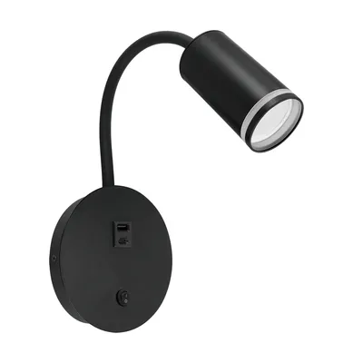 Czarna oprawa ścienna ZULA WLL USB z giętkim ramieniem, włącznikiem i dwoma portami USB.