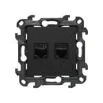 Gniazdo RJ45 kat.5e i RJ11 w kolorze czarny mat, seria Simon 24, z symbolami komputera i telefonu.