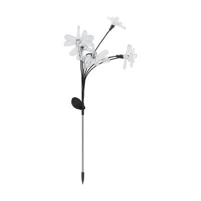 Lampa solarna LED IMAGO LED z przezroczystymi kwiatkami i panelem słonecznym na metalowym szpikulcu.