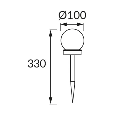Lampa solarna LED OLIN Ideus z wymiarami: wysokość 330 mm, średnica klosza 100 mm. Schemat techniczny.