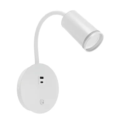 Nowoczesna, biała oprawa ścienna ZULA WLL USB z włącznikiem i dwoma portami USB, idealna do sypialni lub salonu.