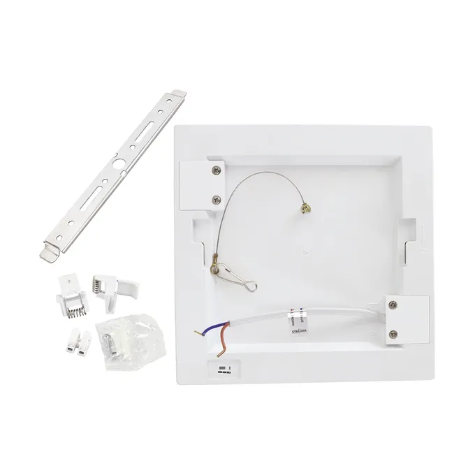 Plafoniera LED z czujnikiem ruchu OLGIERD LED D MVS 12W WHITE CCT 875lm 4200K, widok od tyłu z akcesoriami montażowymi.
