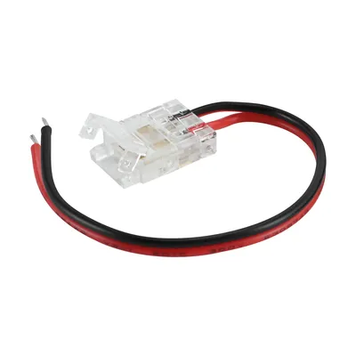 Przezroczysty łącznik do taśm LED COB z czerwonym i czarnym przewodem, 15 cm, 12-24 V DC.