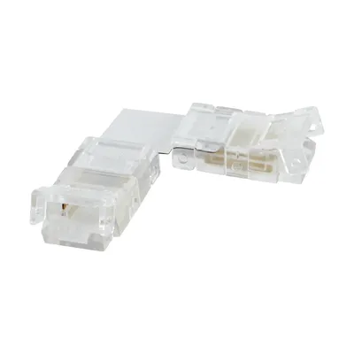 Przezroczysty łącznik kątowy L do taśm LED SMD 12-24V DC marki Ideus, model 04802, ułatwiający montaż oświetlenia.