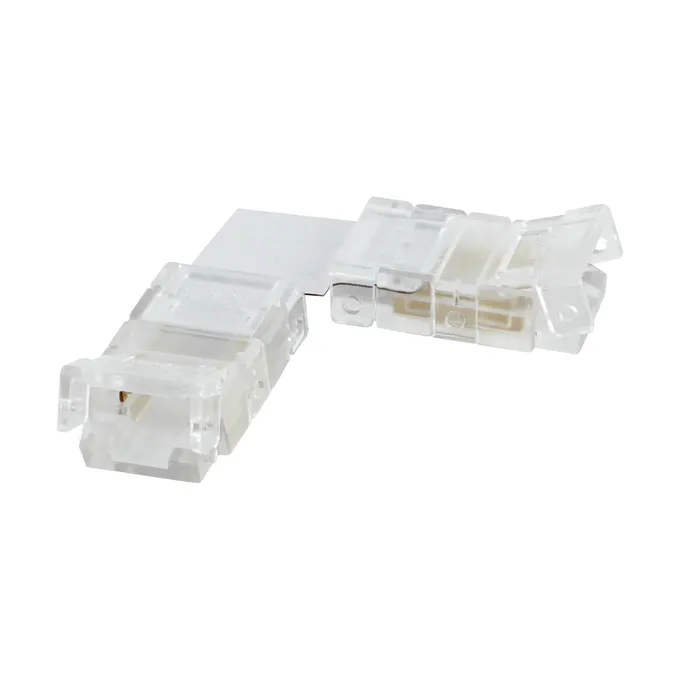 Przezroczysty łącznik kątowy L do taśm LED SMD 12-24V DC marki Ideus, model 04802, ułatwiający montaż oświetlenia.