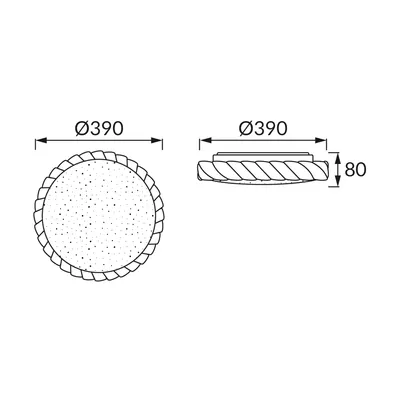 Schemat plafoniery LED FALA LED C Ideus z wymiarami: średnica 390mm, wysokość 80mm.