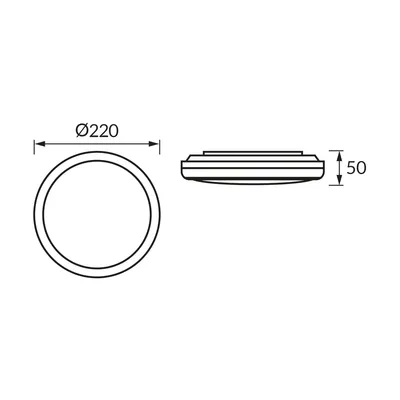 Schemat plafoniery LED z czujnikiem ruchu DENZEL LED C MVS, średnica 220 mm, wysokość 50 mm.