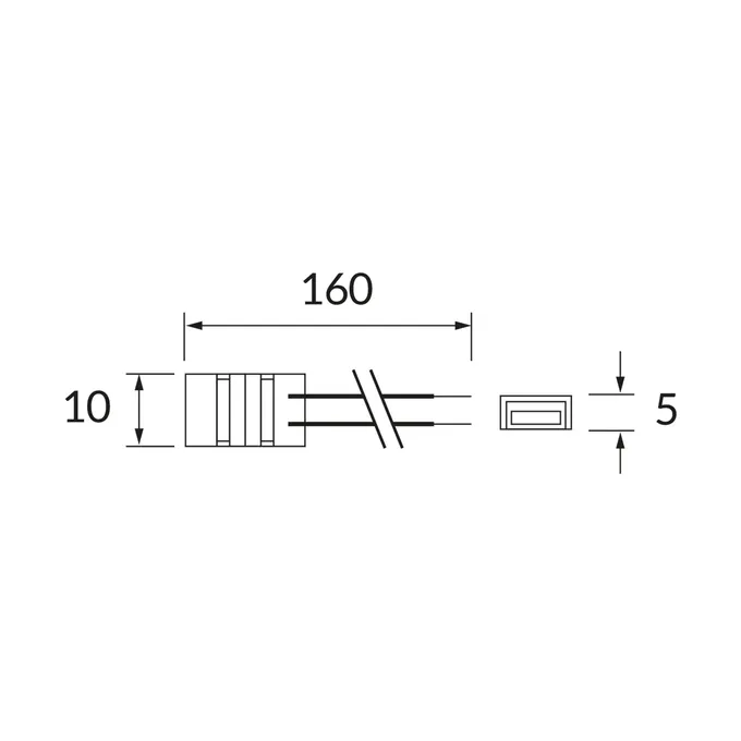Schemat techniczny łącznika do taśm COB LED Ideus LARGO z wymiarami: długość 160mm, szerokość 10mm, wysokość 5mm.