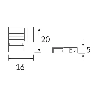 Schemat techniczny łącznika do taśm LED COB LARGO Ideus, wymiary 16x20x5 mm, napięcie 12-24 V DC.