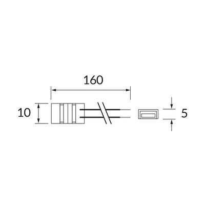 Schemat techniczny łącznika do taśm LED Ideus 04803 z wymiarami: długość 160 mm, szerokość 10 mm, wysokość 5 mm.