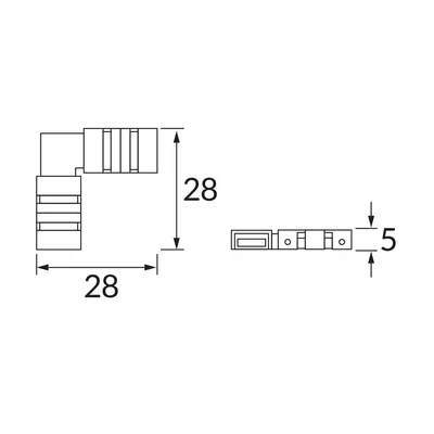 Schemat techniczny łącznika do taśm LED SMD LATE LED CONNECTOR L 12-24 V DC Ideus, wymiary 28x28 mm i 5 mm.