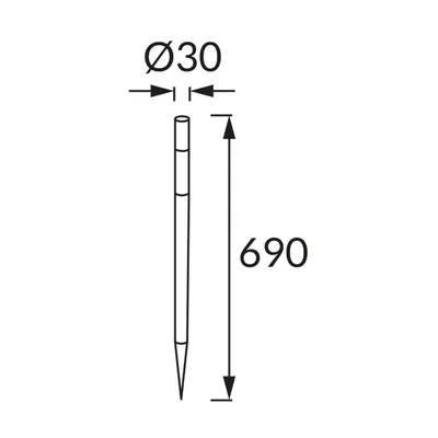 Schemat techniczny lampy solarnej LED DOS LED 69, z podanymi wymiarami: średnica 30 mm, wysokość 690 mm.
