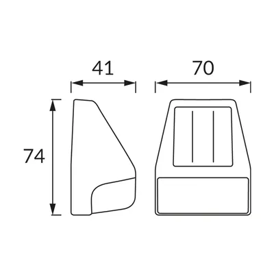 Schemat techniczny lampy solarnej LED FLO LED Ideus z wymiarami: wysokość 74 mm, szerokość 41 mm, głębokość 70 mm.
