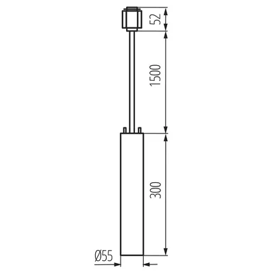 Schemat techniczny lampy wiszącej szynowej Kanlux ATL 1F PEND30 GU10 B Czarny z wymiarami: 300mm długości, 52mm szerokości, 1500mm zawieszenia i 55mm średnicy.