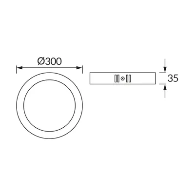 Schemat techniczny okrągłej oprawy sufitowej LED EDOR o średnicy 300mm i wysokości 35mm.
