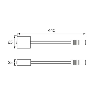 Schemat techniczny oprawy dekoracyjnej LED ARI BLACK/GOLDEN z wymiarami: długość 440 mm, wysokość 65 mm i 35 mm.