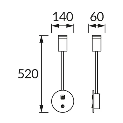 Schemat techniczny oprawy dekoracyjnej ZULA WLL USB GU10 WHITE Ideus z wymiarami: wysokość 520 mm, szerokość 140 mm, głębokość 60 mm.