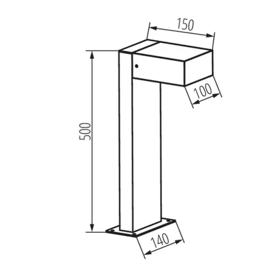 Schemat techniczny oprawy ogrodowej LEGINO GX53 50 B IP-65 Czarny Kanlux - wymiary 500x150x100 mm, podstawa 140 mm.
