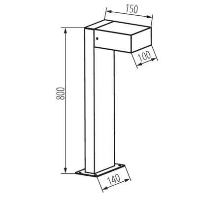 Schemat techniczny oprawy ogrodowej LEGINO GX53 80 B IP-65 Czarny Kanlux. Wymiary: wysokość 800 mm, szerokość 150 mm, głębokość 100 mm, podstawa 140 mm.