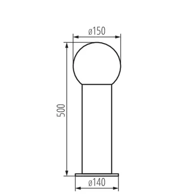 Schemat techniczny oprawy ogrodowej STONO 15M 50 GR E27 IP-65 Antracyt Kanlux, wymiary: wysokość 500mm, średnica klosza 150mm, średnica podstawy 140mm.