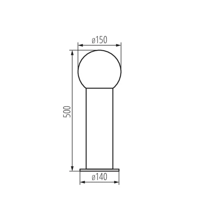 Schemat techniczny oprawy ogrodowej STONO 15M 50 GR E27 IP-65 Antracyt Kanlux, wymiary: wysokość 500mm, średnica klosza 150mm, średnica podstawy 140mm.