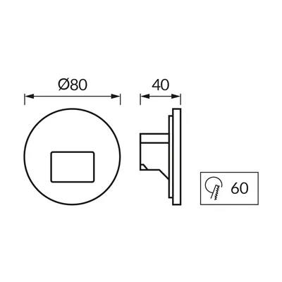 Schemat techniczny oprawy schodowej LED Ideus WEKTOR LED C 1,2W WHITE CCT, wymiary: Ø80 mm, głębokość 40 mm, otwór montażowy 60 mm.
