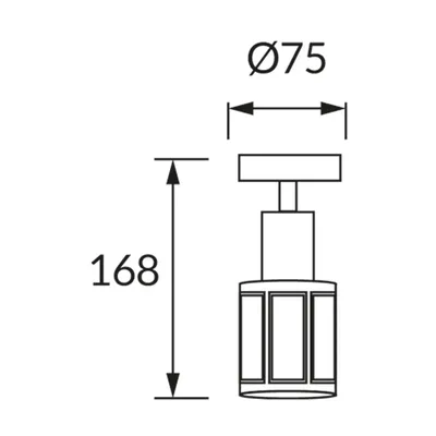 Schemat techniczny oprawy ścienno-sufitowej DUNBAR E14 1C BLACK/GOLDEN Ideus, wymiary: wysokość 168 mm, średnica 75 mm.